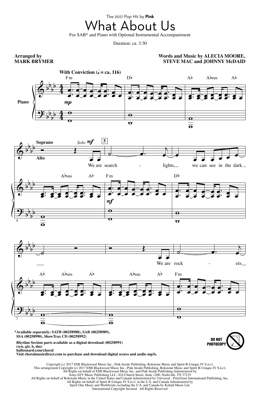 Pink What About Us (arr. Mark Brymer) Sheet Music Notes & Chords for SSA - Download or Print PDF