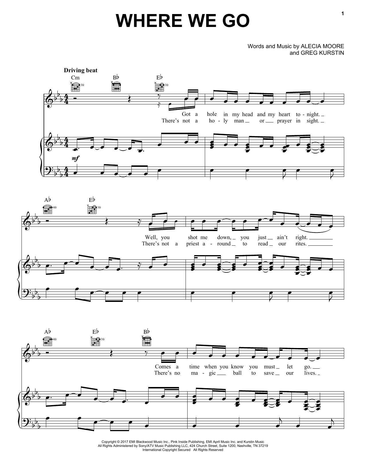 Pink Where We Go Sheet Music Notes & Chords for Piano, Vocal & Guitar (Right-Hand Melody) - Download or Print PDF