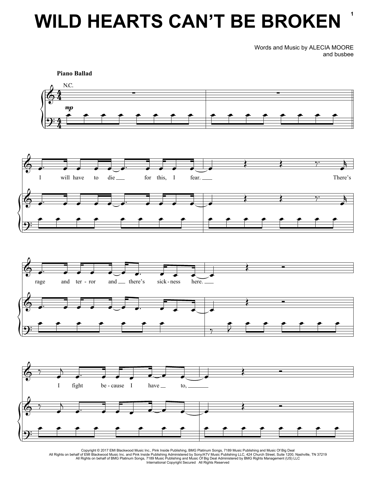 Pink Wild Hearts Can't Be Broken Sheet Music Notes & Chords for Piano, Vocal & Guitar (Right-Hand Melody) - Download or Print PDF