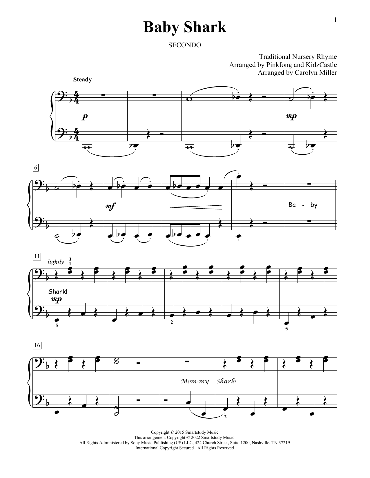 Pinkfong Baby Shark (arr. Carolyn Miller) Sheet Music Notes & Chords for Piano Duet - Download or Print PDF