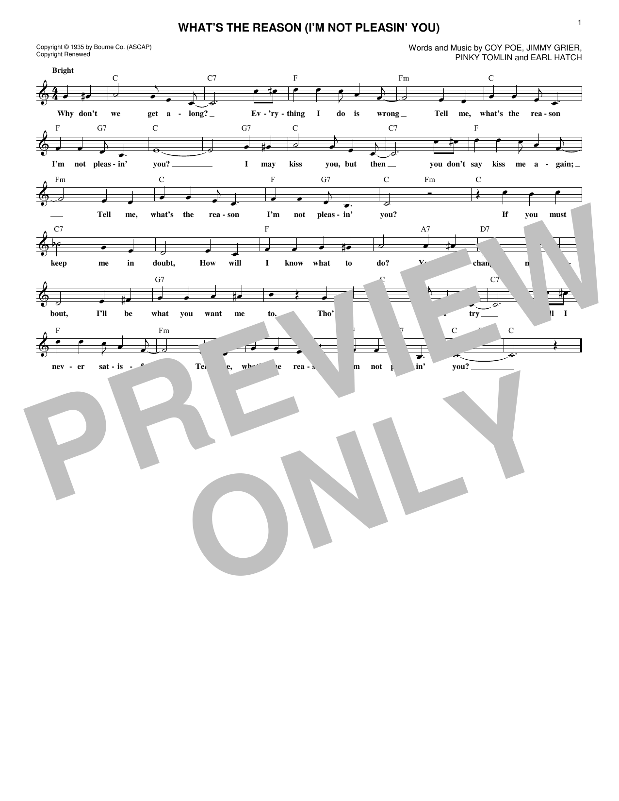 Pinky Tomlin What's The Reason (I'm Not Pleasin' You) Sheet Music Notes & Chords for Melody Line, Lyrics & Chords - Download or Print PDF