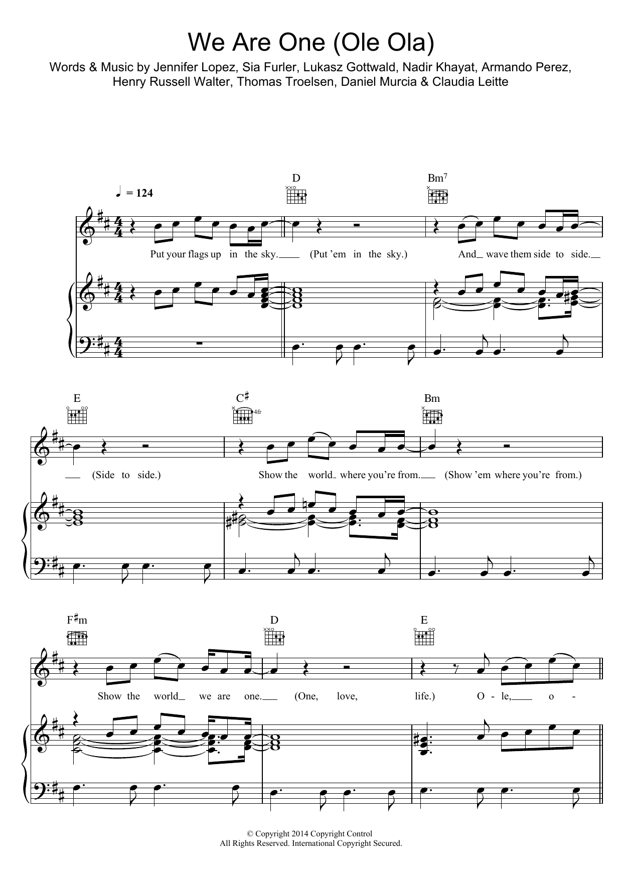 Pitbull feat. Jennifer Lopez We Are One (Ole Ola) Sheet Music Notes & Chords for Piano, Vocal & Guitar (Right-Hand Melody) - Download or Print PDF