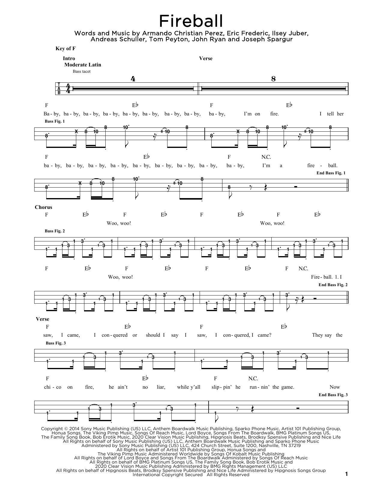 Pitbull feat. John Ryan Fireball Sheet Music Notes & Chords for Easy Bass Tab - Download or Print PDF