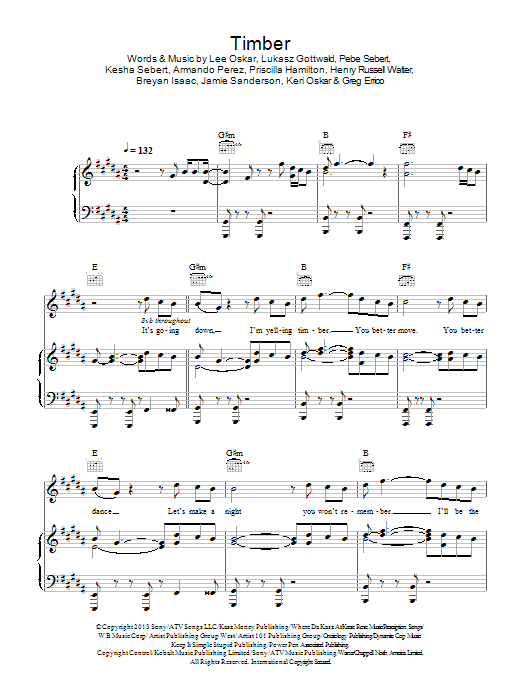 Pitbull feat. Kesha Timber Sheet Music Notes & Chords for Piano, Vocal & Guitar (Right-Hand Melody) - Download or Print PDF