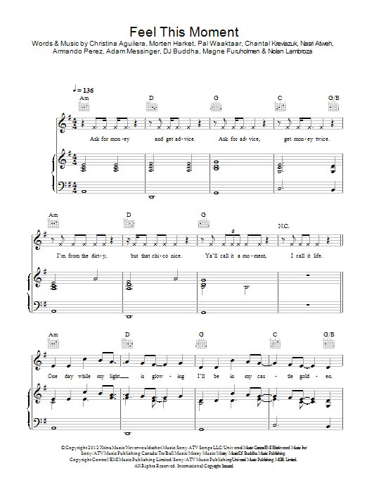 Pitbull featuring Christina Aguilera Feel This Moment Sheet Music Notes & Chords for Piano, Vocal & Guitar (Right-Hand Melody) - Download or Print PDF