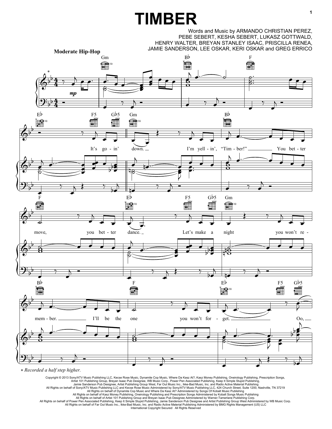 Pitbull Featuring Ke$ha Timber Sheet Music Notes & Chords for Piano, Vocal & Guitar (Right-Hand Melody) - Download or Print PDF
