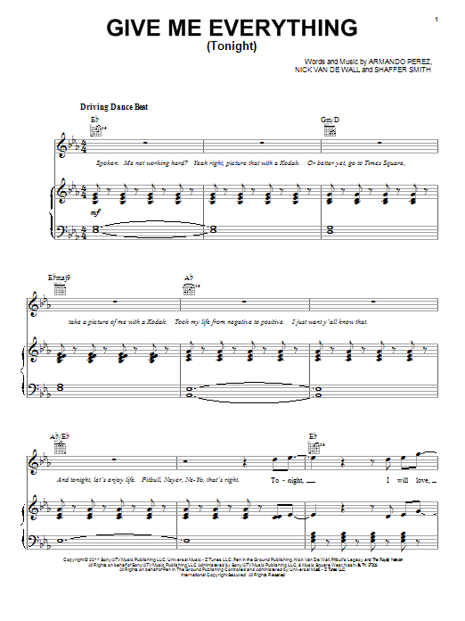 Pitbull featuring Ne-Yo Give Me Everything (Tonight) Sheet Music Notes & Chords for Piano, Vocal & Guitar (Right-Hand Melody) - Download or Print PDF