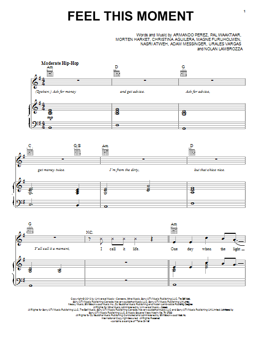 Pitbull Feel This Moment Sheet Music Notes & Chords for Piano, Vocal & Guitar (Right-Hand Melody) - Download or Print PDF