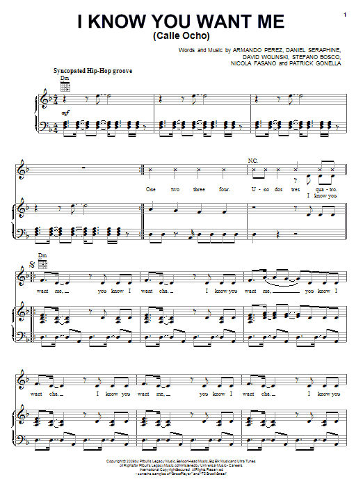 Pitbull I Know You Want Me (Calle Ocho) Sheet Music Notes & Chords for Piano, Vocal & Guitar (Right-Hand Melody) - Download or Print PDF