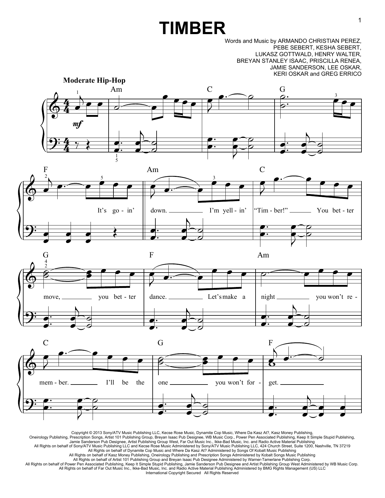 Pitbull Timber (feat. Ke$ha) Sheet Music Notes & Chords for Easy Piano - Download or Print PDF