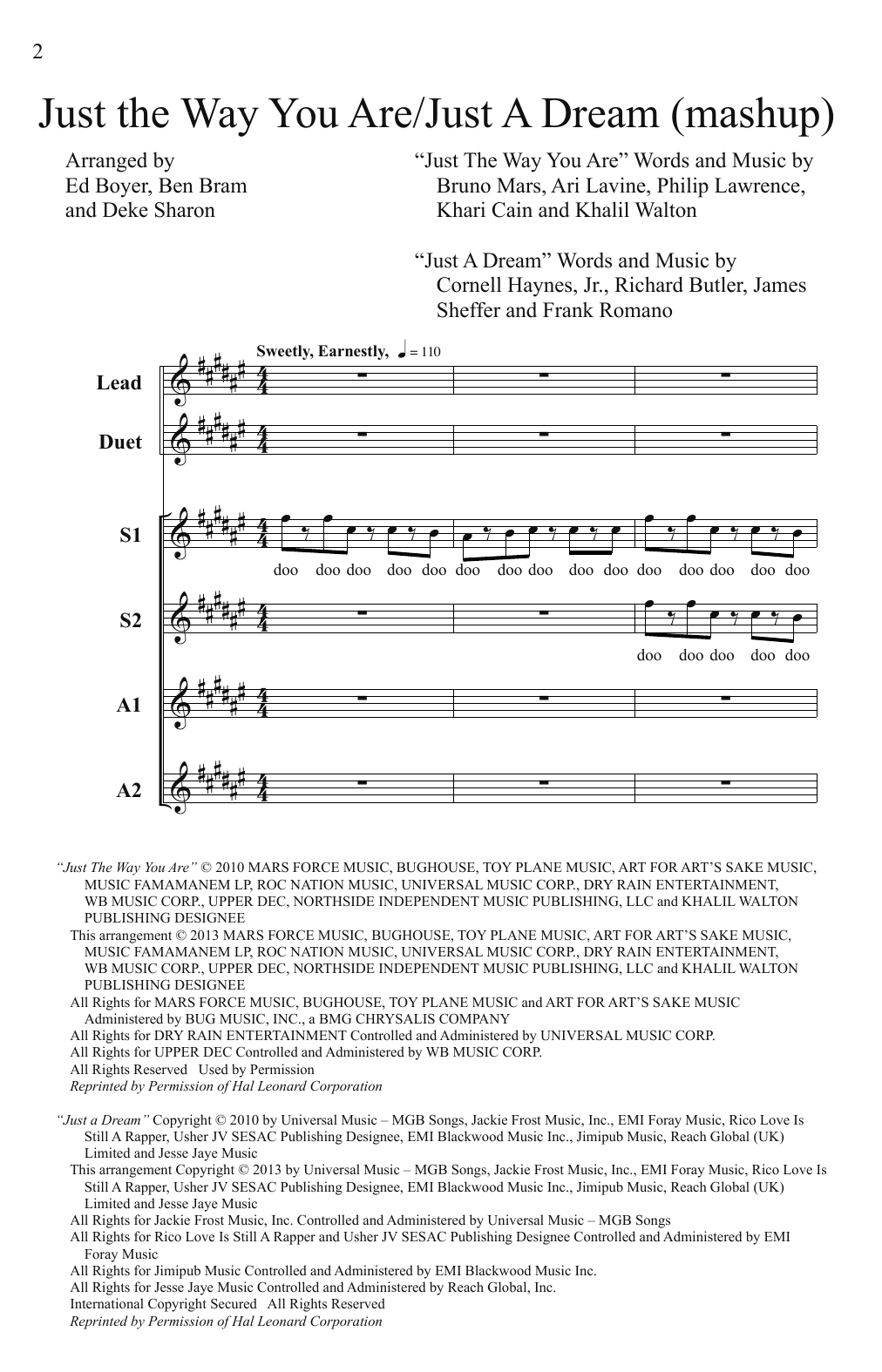 Pitch Perfect (Movie) Just The Way You Are/Just A Dream (Mashup) (from Pitch Perfect) (arr. Deke Sharon) Sheet Music Notes & Chords for SSAA A Cappella - Download or Print PDF