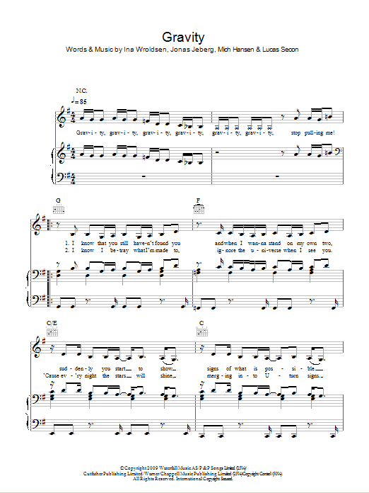 Pixie Lott Gravity Sheet Music Notes & Chords for Piano, Vocal & Guitar (Right-Hand Melody) - Download or Print PDF