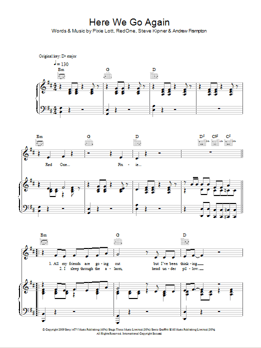 Pixie Lott Here We Go Again Sheet Music Notes & Chords for Piano, Vocal & Guitar (Right-Hand Melody) - Download or Print PDF