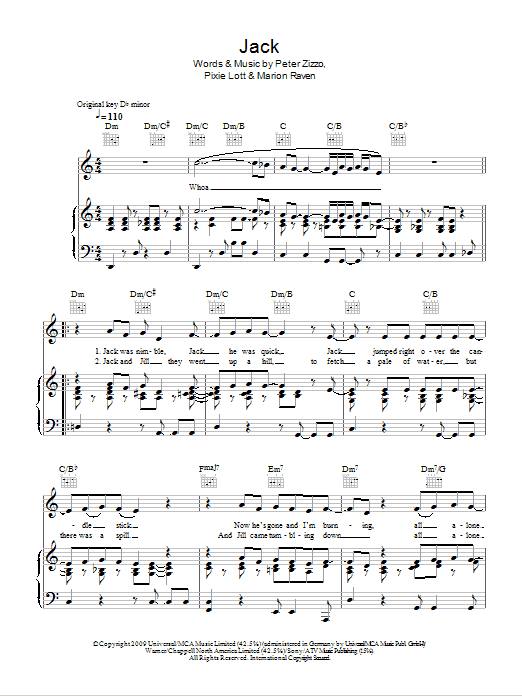 Pixie Lott Jack Sheet Music Notes & Chords for Piano, Vocal & Guitar (Right-Hand Melody) - Download or Print PDF