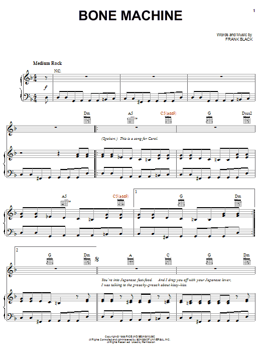 Pixies Bone Machine Sheet Music Notes & Chords for Piano, Vocal & Guitar (Right-Hand Melody) - Download or Print PDF