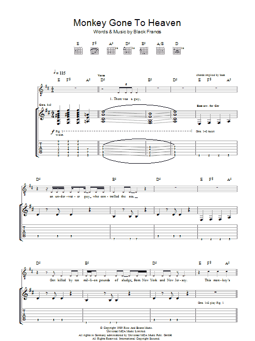 Pixies Monkey Gone To Heaven Sheet Music Notes & Chords for Piano, Vocal & Guitar (Right-Hand Melody) - Download or Print PDF