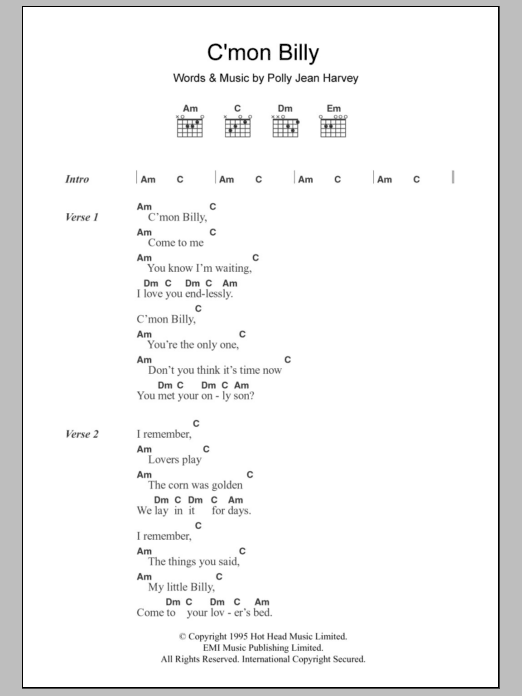 PJ Harvey C'mon Billy Sheet Music Notes & Chords for Lyrics & Chords - Download or Print PDF