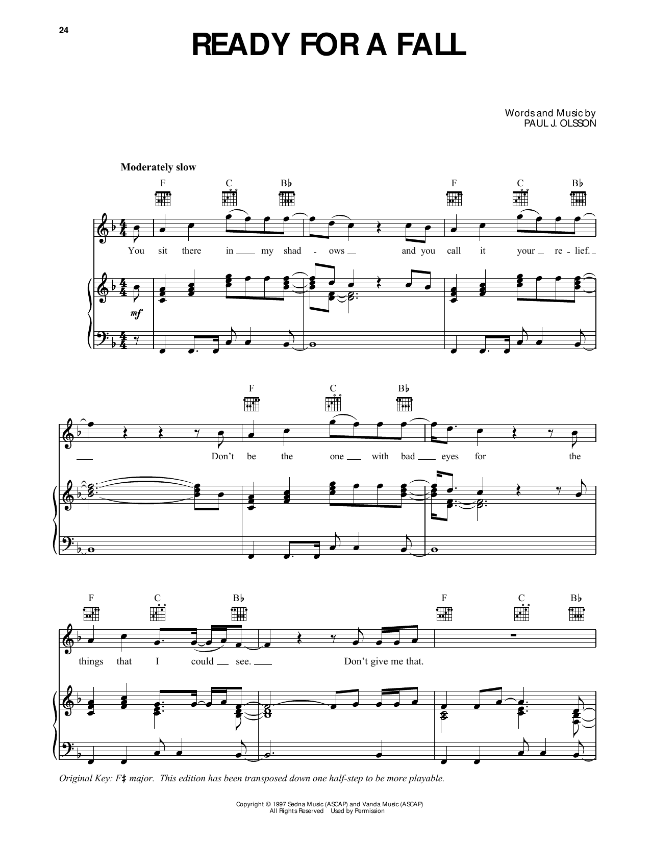 PJ Olsson Ready For A Fall (from Dawson's Creek) Sheet Music Notes & Chords for Piano, Vocal & Guitar Chords (Right-Hand Melody) - Download or Print PDF