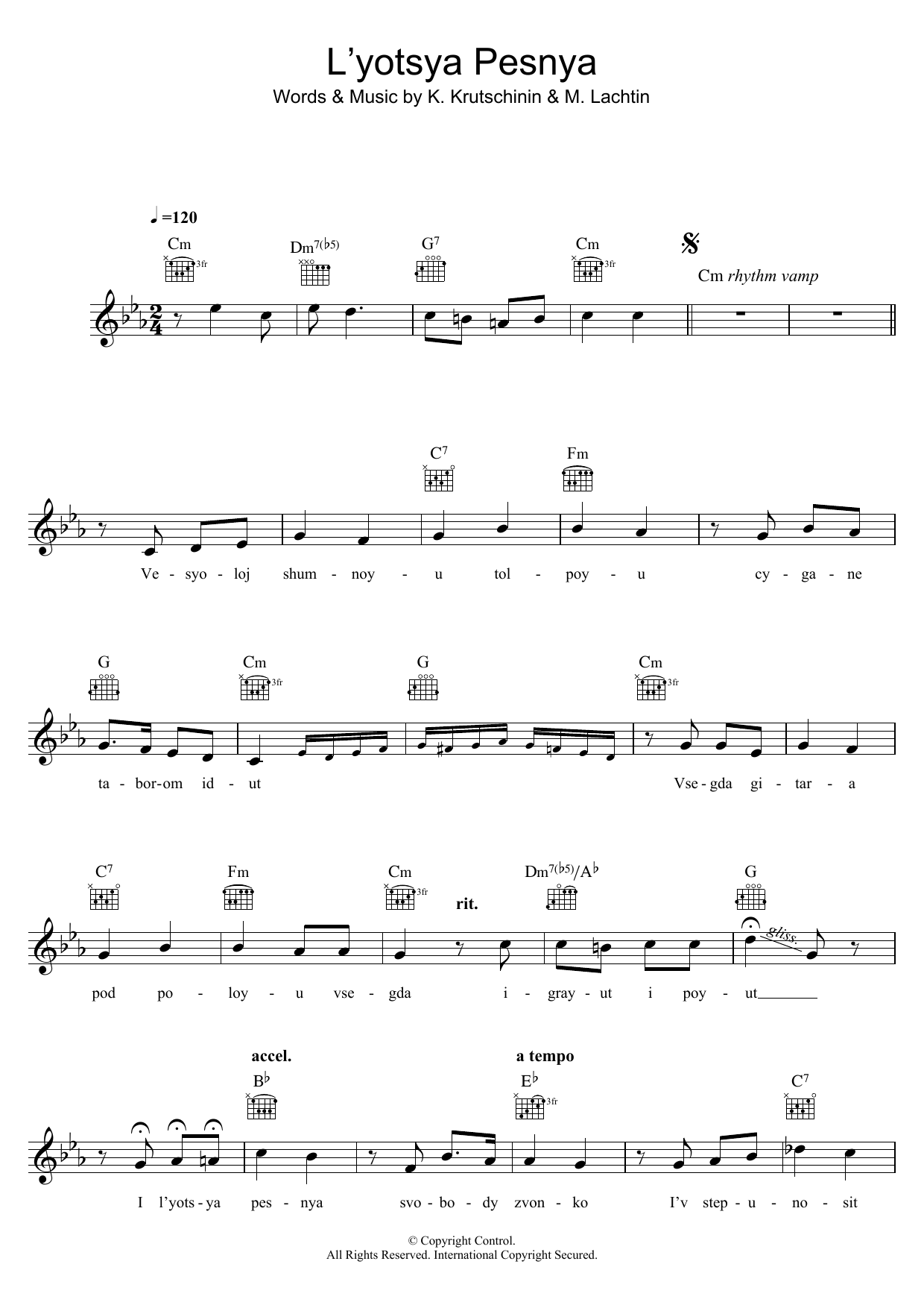 Pjotr Leschenko L'yotsya Pesnya Sheet Music Notes & Chords for Melody Line, Lyrics & Chords - Download or Print PDF