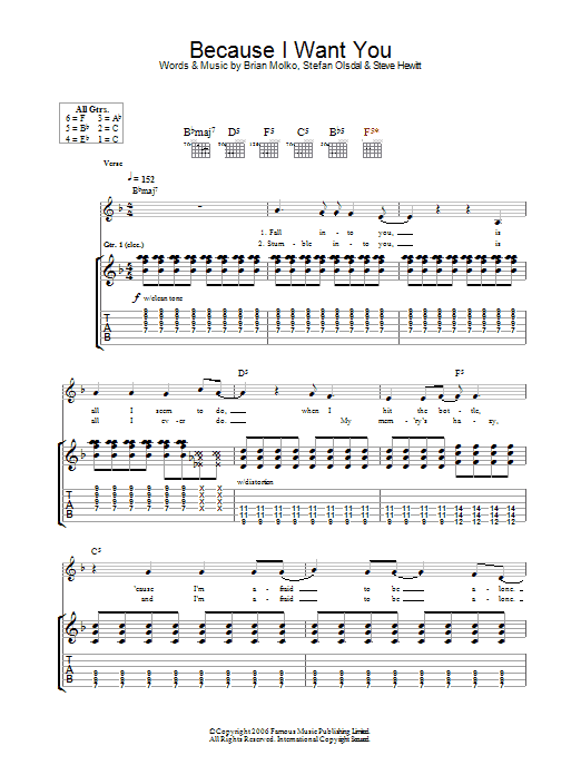 Placebo Because I Want You Sheet Music Notes & Chords for Guitar Tab - Download or Print PDF