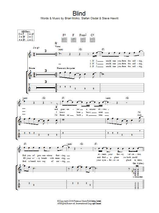 Placebo Blind Sheet Music Notes & Chords for Guitar Tab - Download or Print PDF