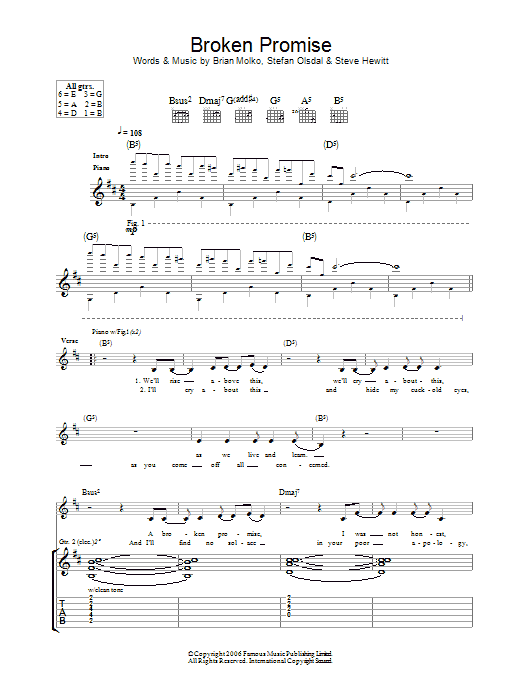 Placebo Broken Promise Sheet Music Notes & Chords for Guitar Tab - Download or Print PDF