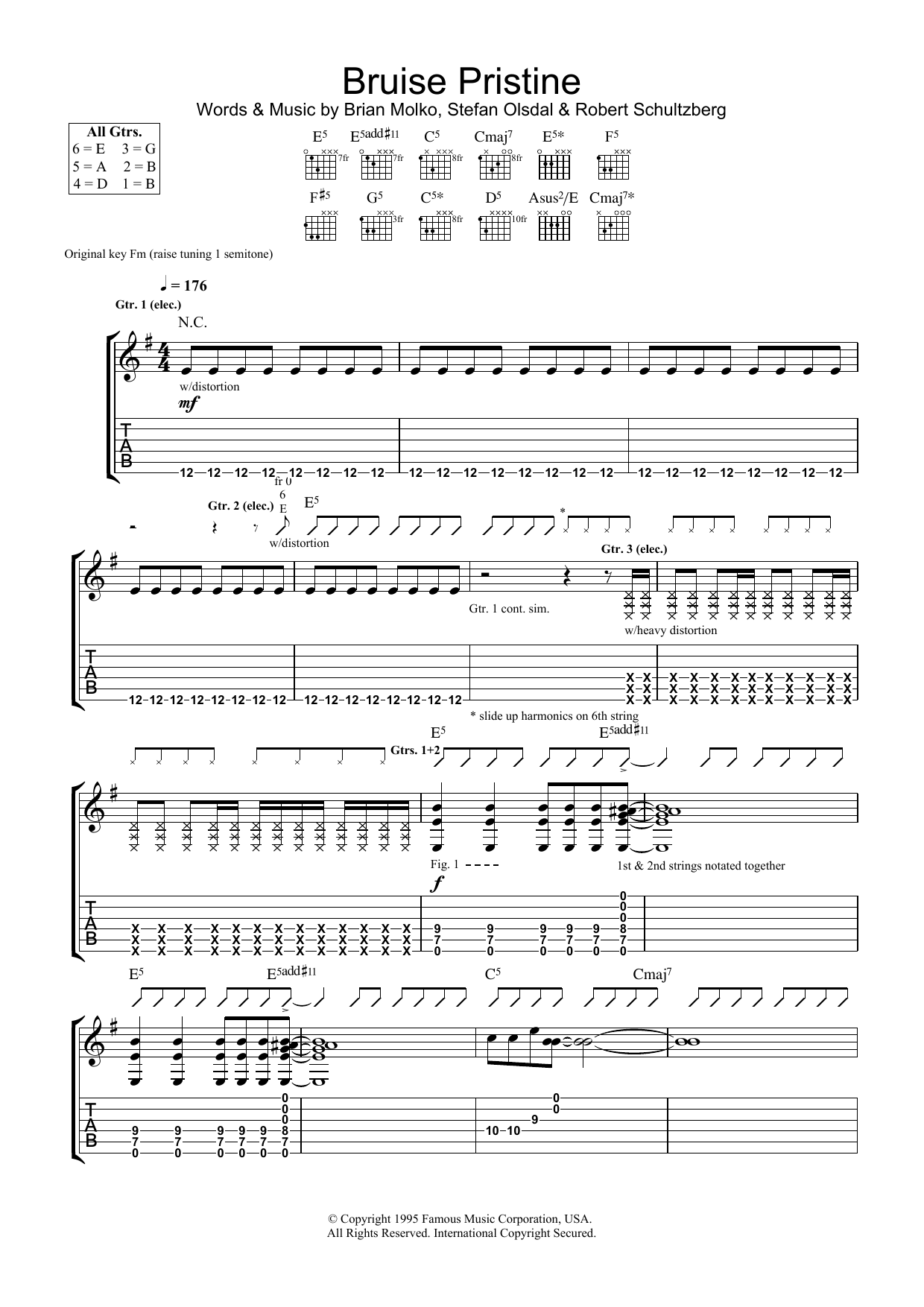 Placebo Bruise Pristine Sheet Music Notes & Chords for Guitar Tab - Download or Print PDF