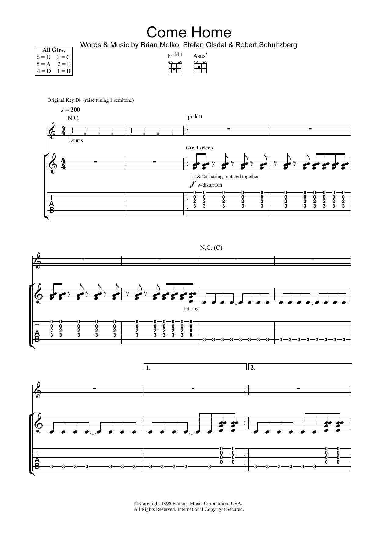 Placebo Come Home Sheet Music Notes & Chords for Guitar Tab - Download or Print PDF