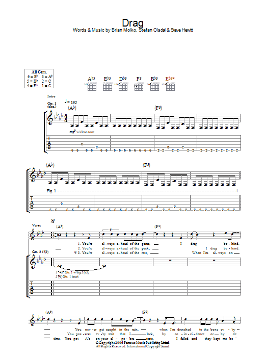 Placebo Drag Sheet Music Notes & Chords for Guitar Tab - Download or Print PDF