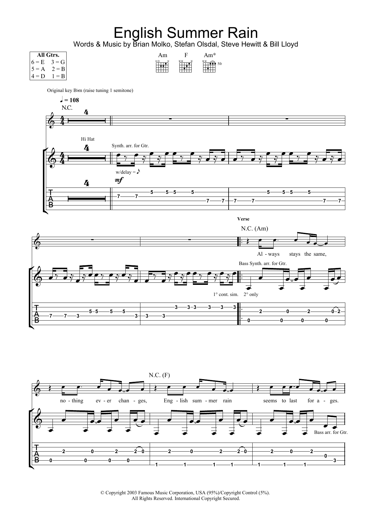 Placebo English Summer Rain Sheet Music Notes & Chords for Guitar Tab - Download or Print PDF