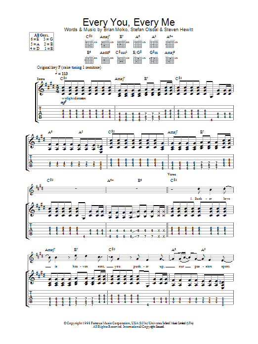 Placebo Every You Every Me Sheet Music Notes & Chords for Guitar Tab - Download or Print PDF