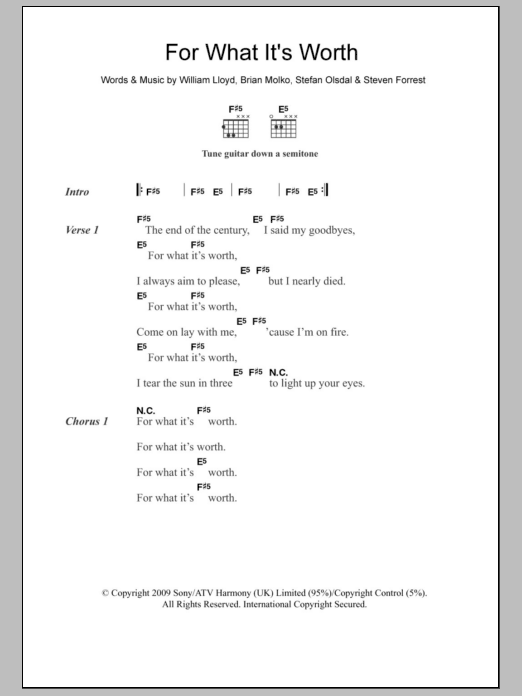 Placebo For What It's Worth Sheet Music Notes & Chords for Lyrics & Chords - Download or Print PDF