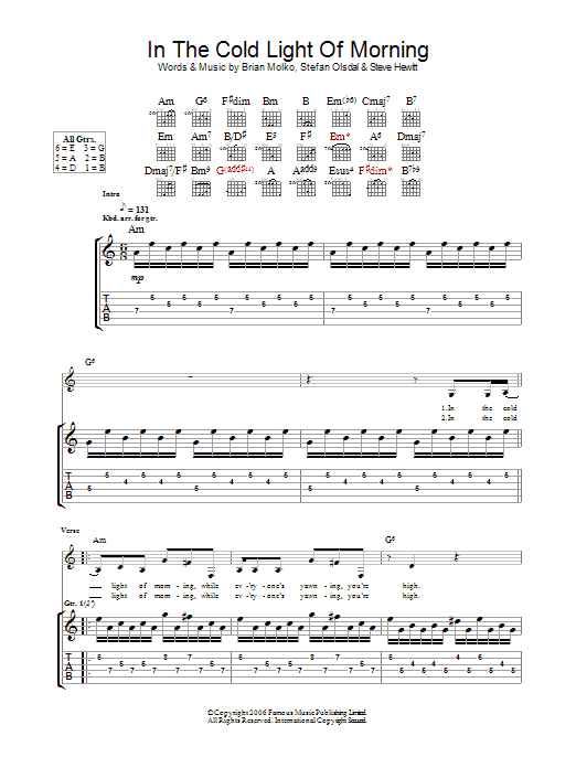 Placebo In The Cold Light Of Morning Sheet Music Notes & Chords for Guitar Tab - Download or Print PDF