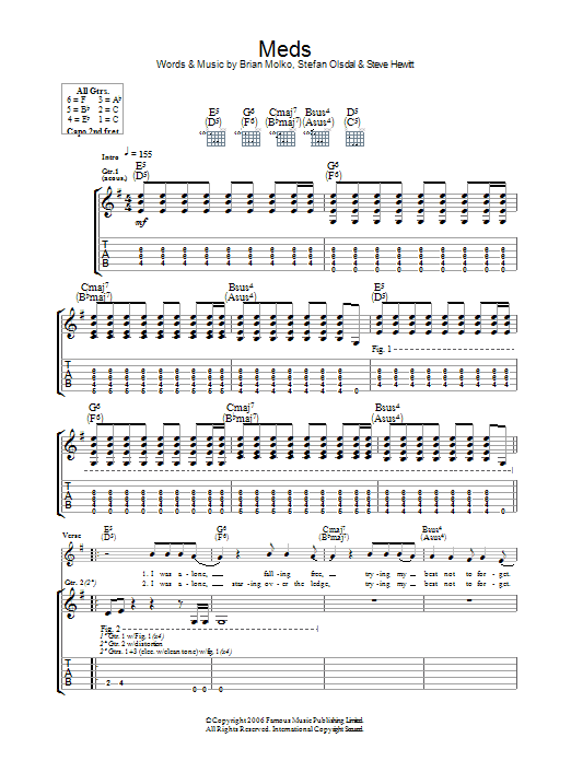 Placebo Meds Sheet Music Notes & Chords for Guitar Tab - Download or Print PDF