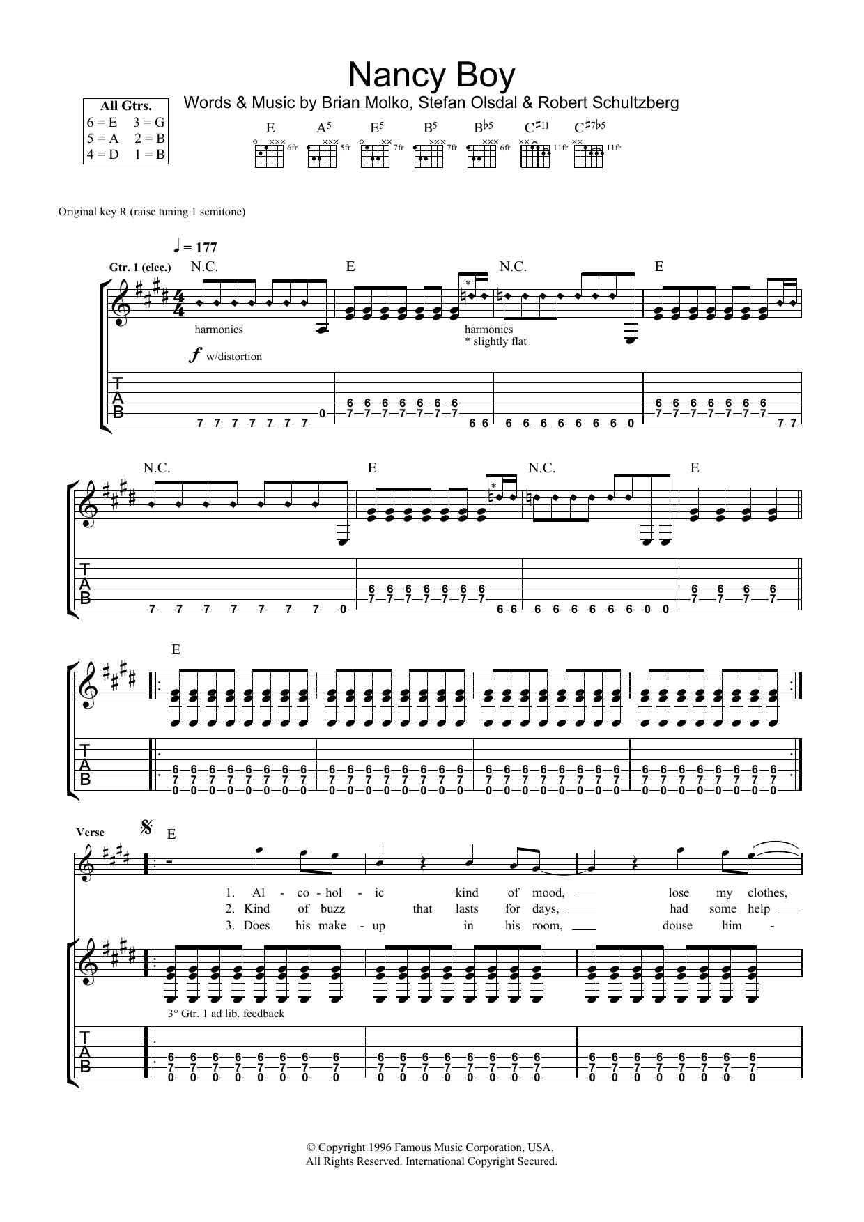Placebo Nancy Boy Sheet Music Notes & Chords for Lyrics & Chords - Download or Print PDF