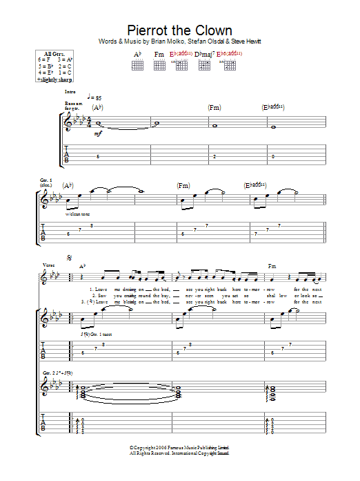 Placebo Pierrot The Clown Sheet Music Notes & Chords for Guitar Tab - Download or Print PDF