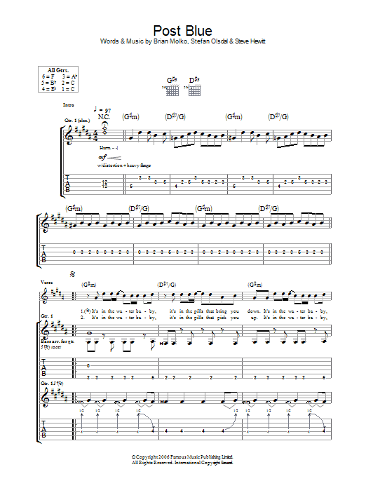 Placebo Post Blue Sheet Music Notes & Chords for Guitar Tab - Download or Print PDF