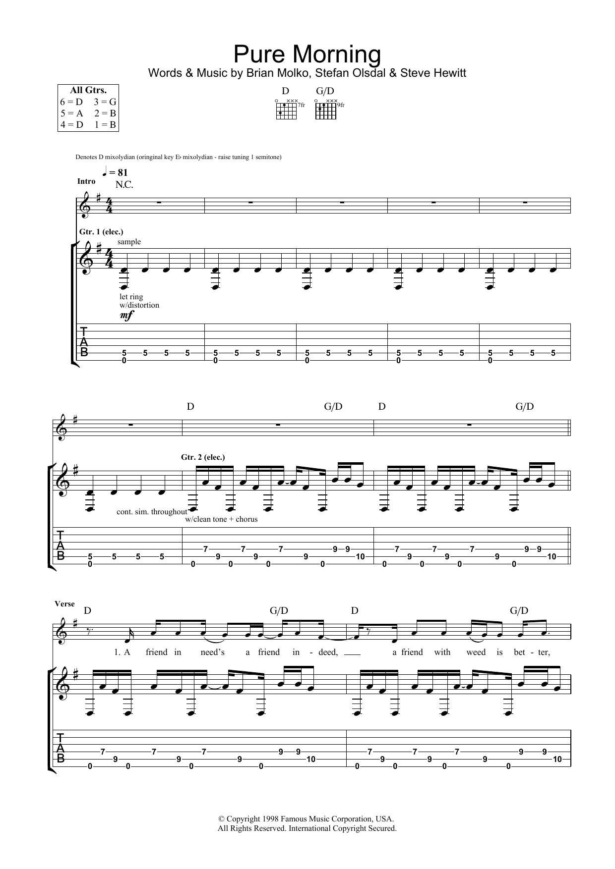 Placebo Pure Morning Sheet Music Notes & Chords for Lyrics & Chords - Download or Print PDF