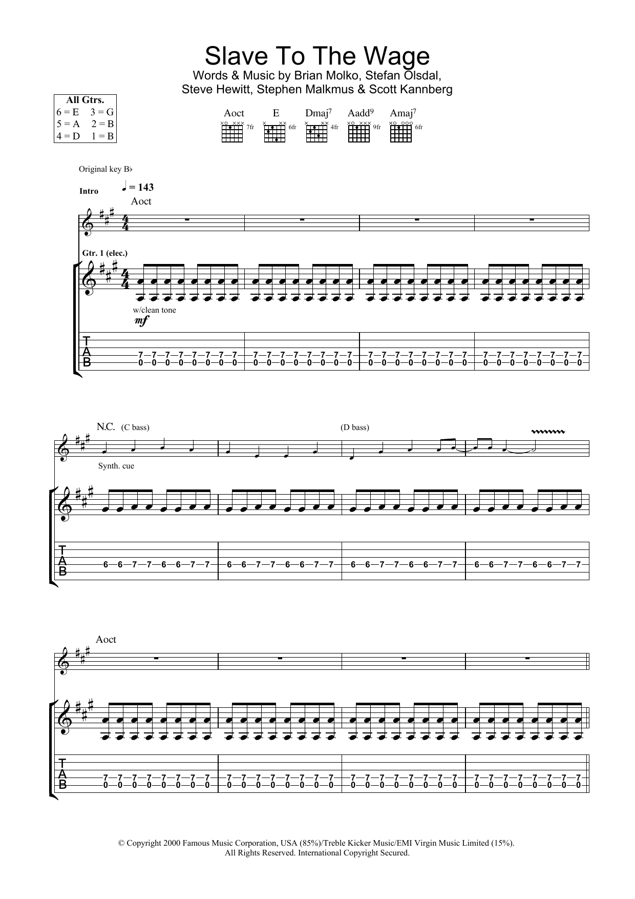 Placebo Slave To The Wage Sheet Music Notes & Chords for Lyrics & Chords - Download or Print PDF