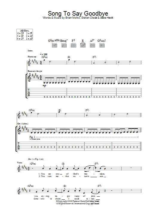 Placebo Song To Say Goodbye Sheet Music Notes & Chords for Guitar Tab - Download or Print PDF Placebo Song To Say Goodbye Sheet Music Notes & Chords for Guitar Tab - Download or Print PDF