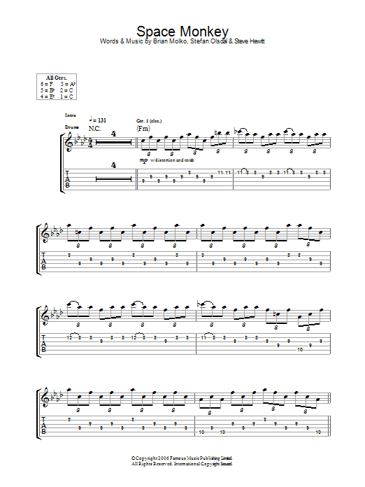 Placebo Space Monkey Sheet Music Notes & Chords for Guitar Tab - Download or Print PDF