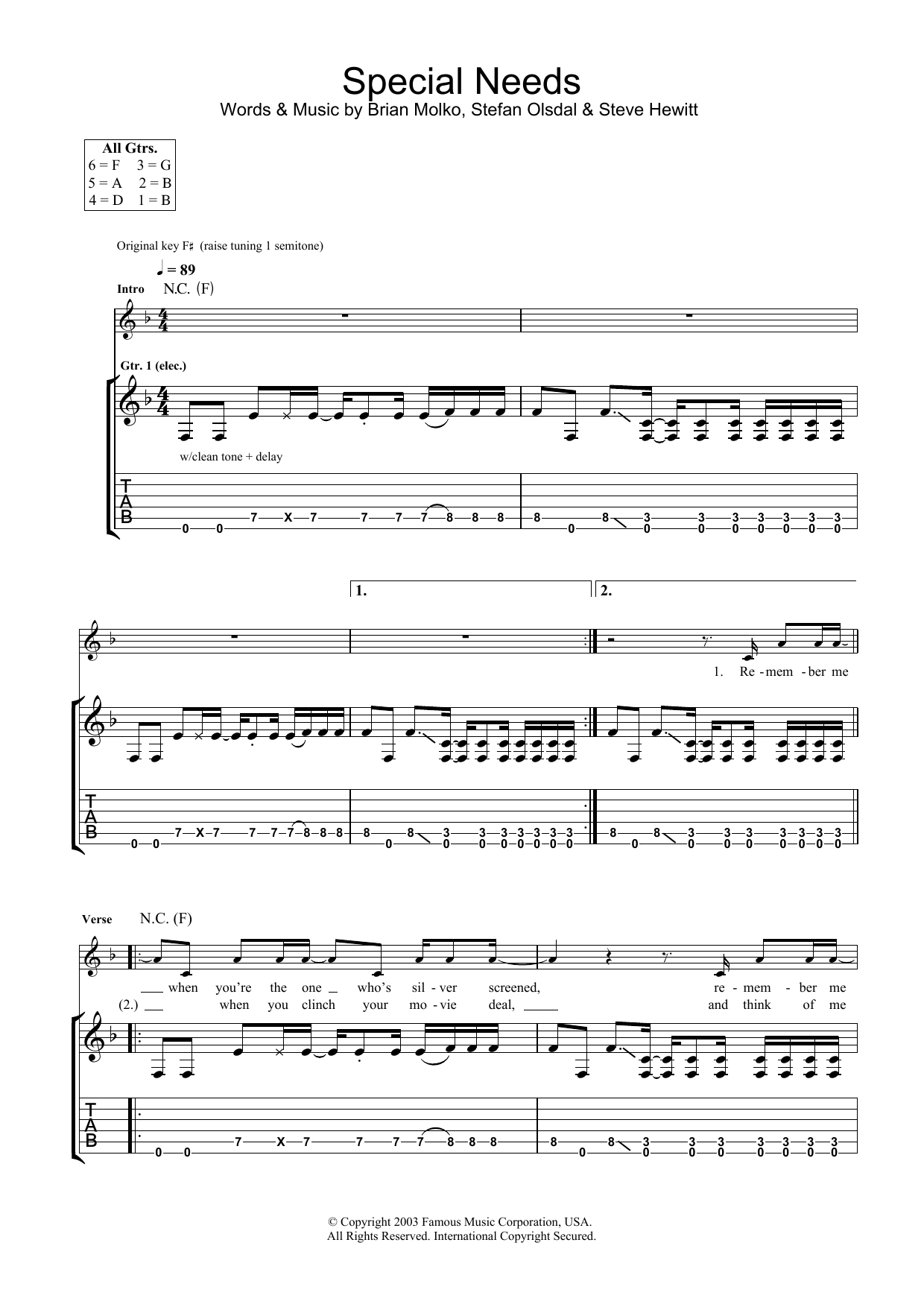 Placebo Special Needs Sheet Music Notes & Chords for Guitar Tab - Download or Print PDF