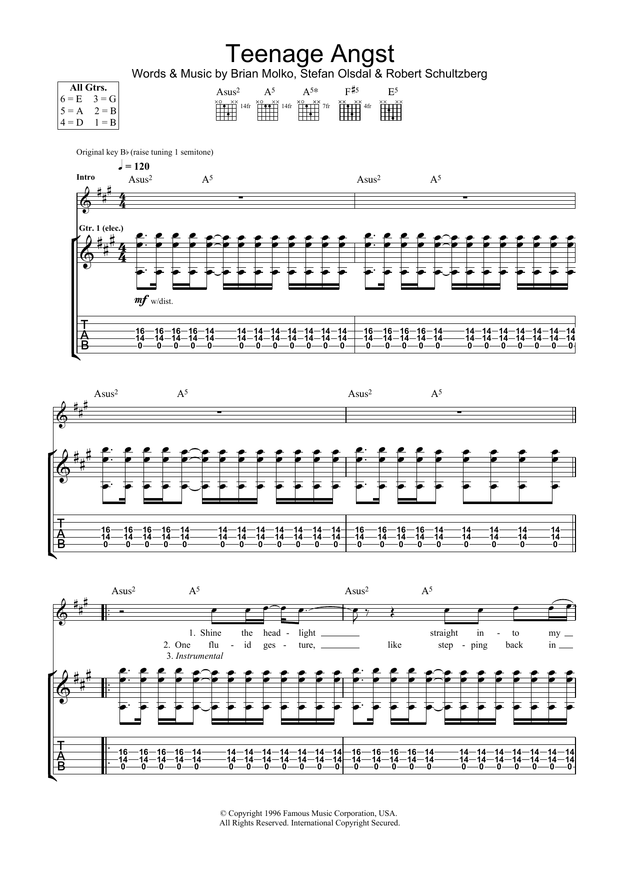 Placebo Teenage Angst Sheet Music Notes & Chords for Guitar Tab - Download or Print PDF