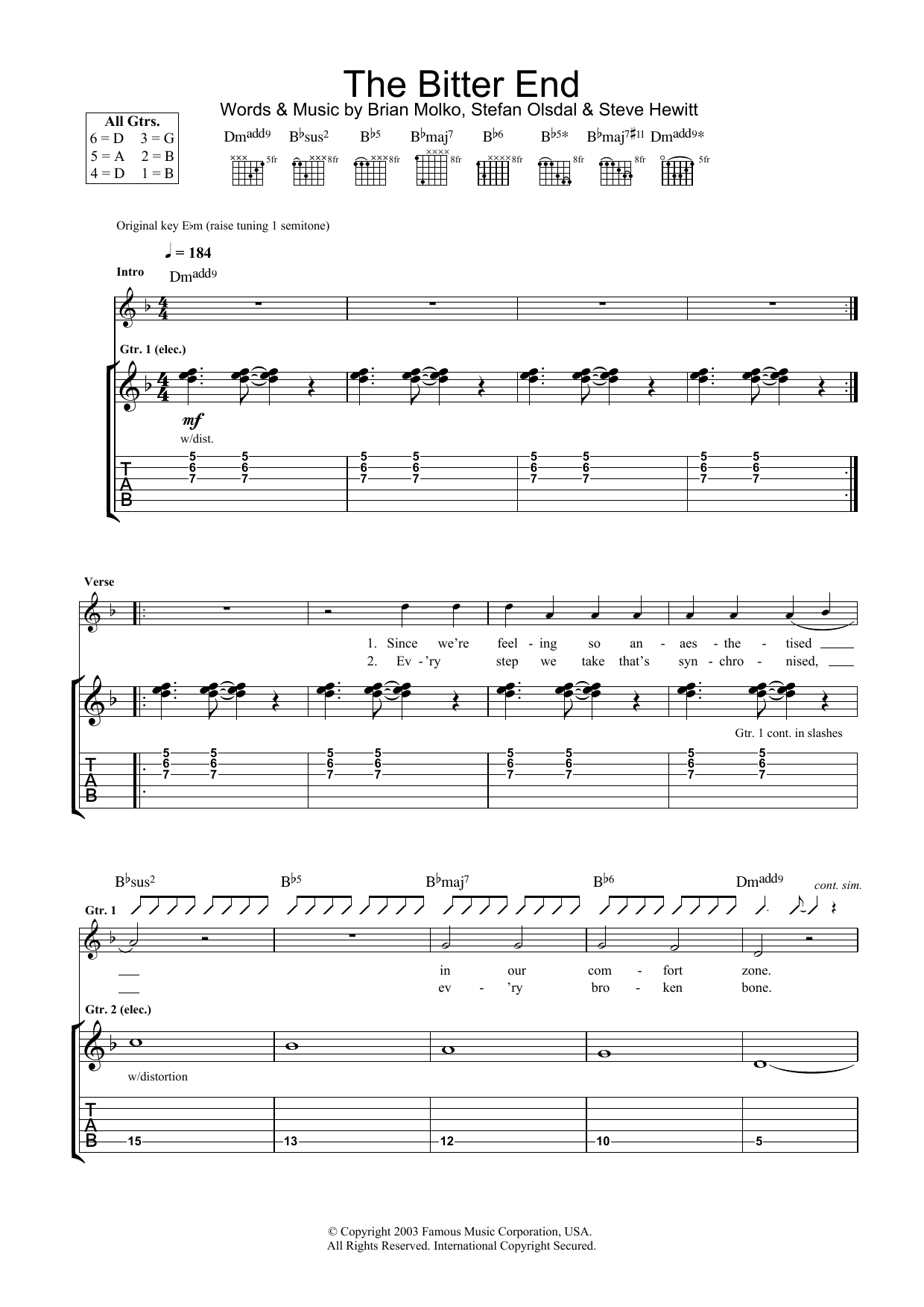 Placebo The Bitter End Sheet Music Notes & Chords for Lyrics & Chords - Download or Print PDF