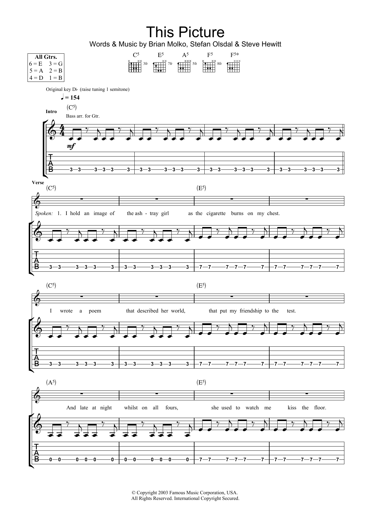Placebo This Picture Sheet Music Notes & Chords for Guitar Tab - Download or Print PDF