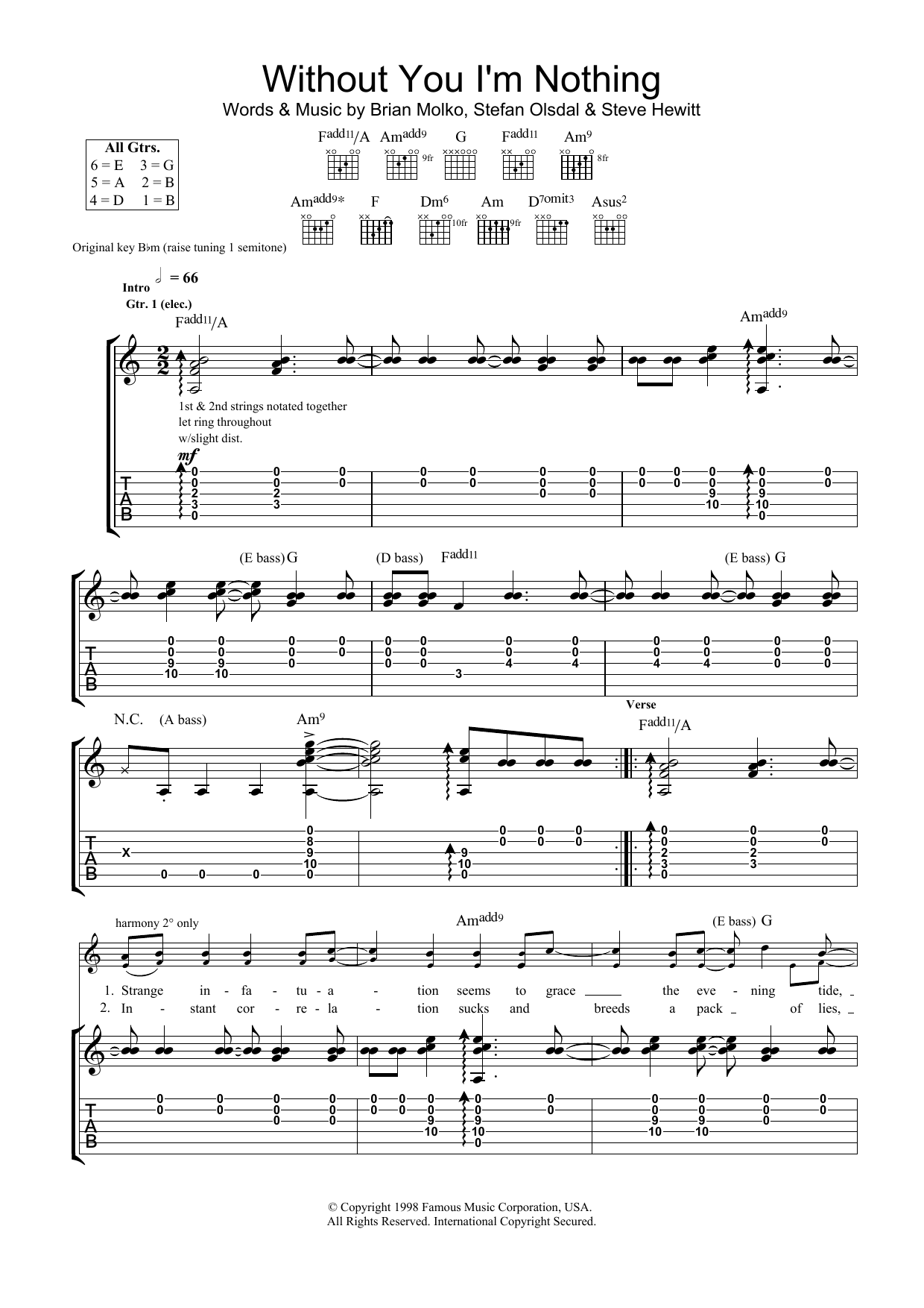 Placebo Without You I'm Nothing Sheet Music Notes & Chords for Guitar Tab - Download or Print PDF