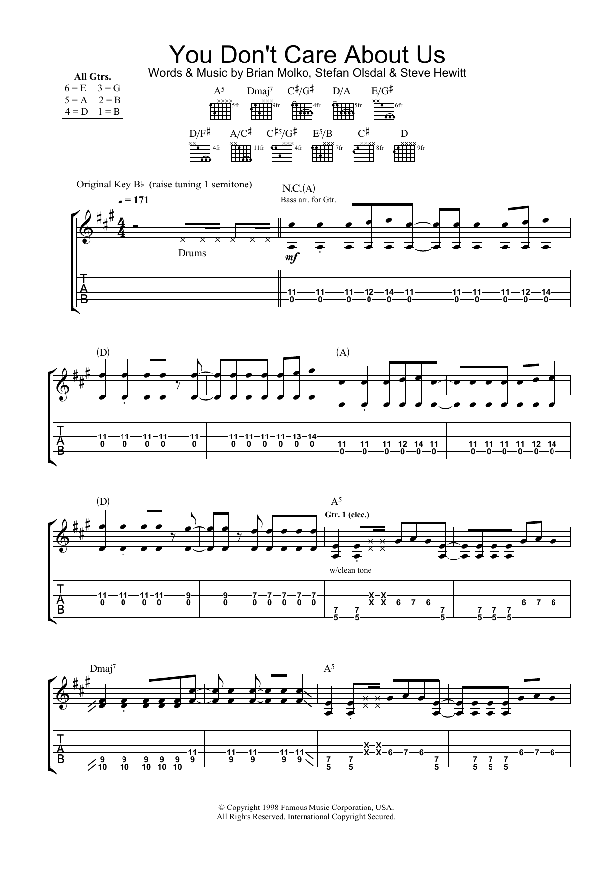 Placebo You Don't Care About Us Sheet Music Notes & Chords for Guitar Tab - Download or Print PDF