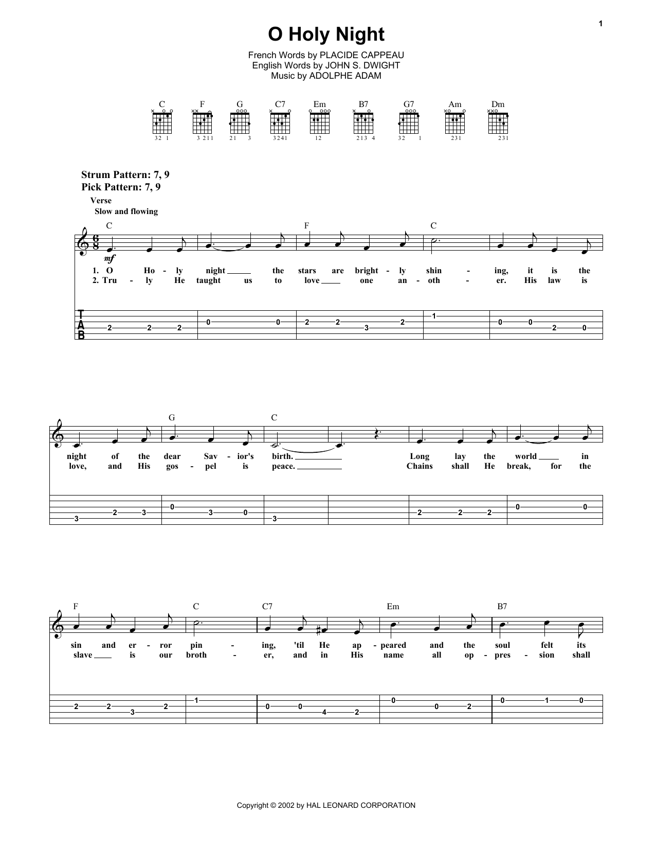 Placide Cappeau (French) O Holy Night Sheet Music Notes & Chords for Easy Guitar Tab - Download or Print PDF