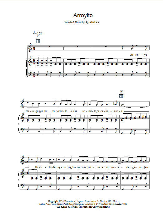 Placido Domingo Arroyito Sheet Music Notes & Chords for Piano, Vocal & Guitar - Download or Print PDF