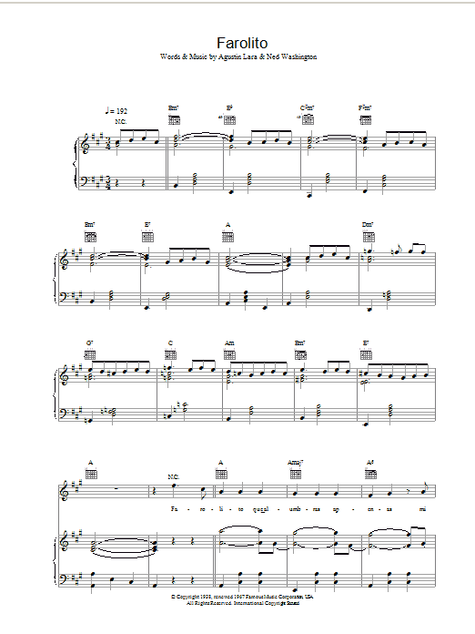 Placido Domingo Farolito Sheet Music Notes & Chords for Piano, Vocal & Guitar - Download or Print PDF